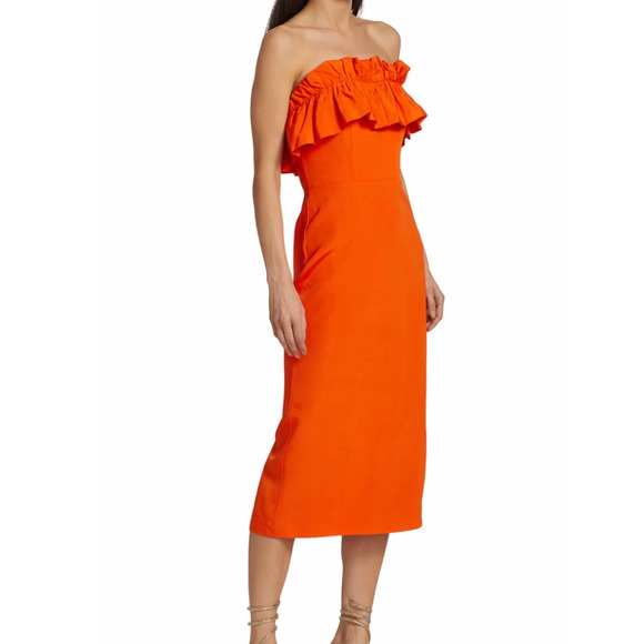 ML Monique Lhuillier Ruffled Faille Red Orange Strapless Midi Dress Size 6